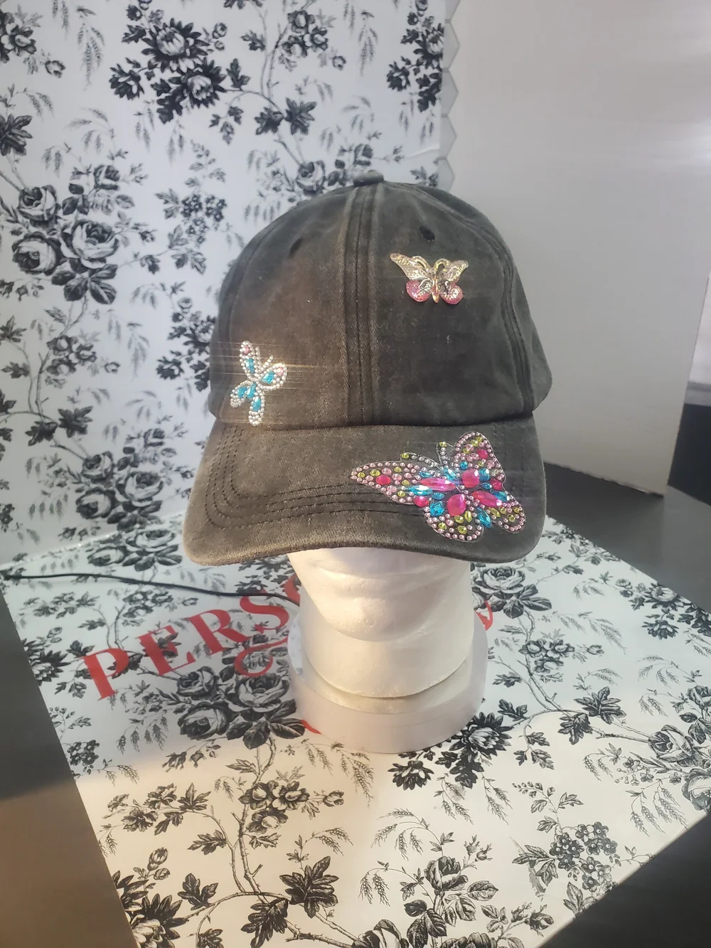 Hand Crafted Black Hat with Pink & Blue Jeweled Butterflies